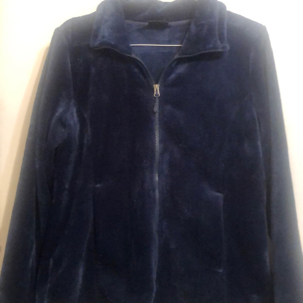 360 Air zip up furry, velvety jacket in navy blue. Size is large.